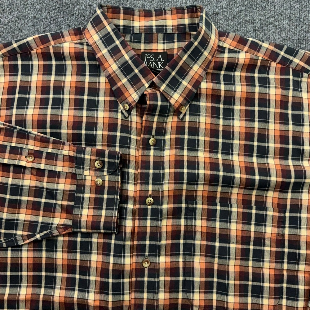 Jos. A. Bank Button Down Shirt Mens XL Orange Brown Plaid Traveler's Collection